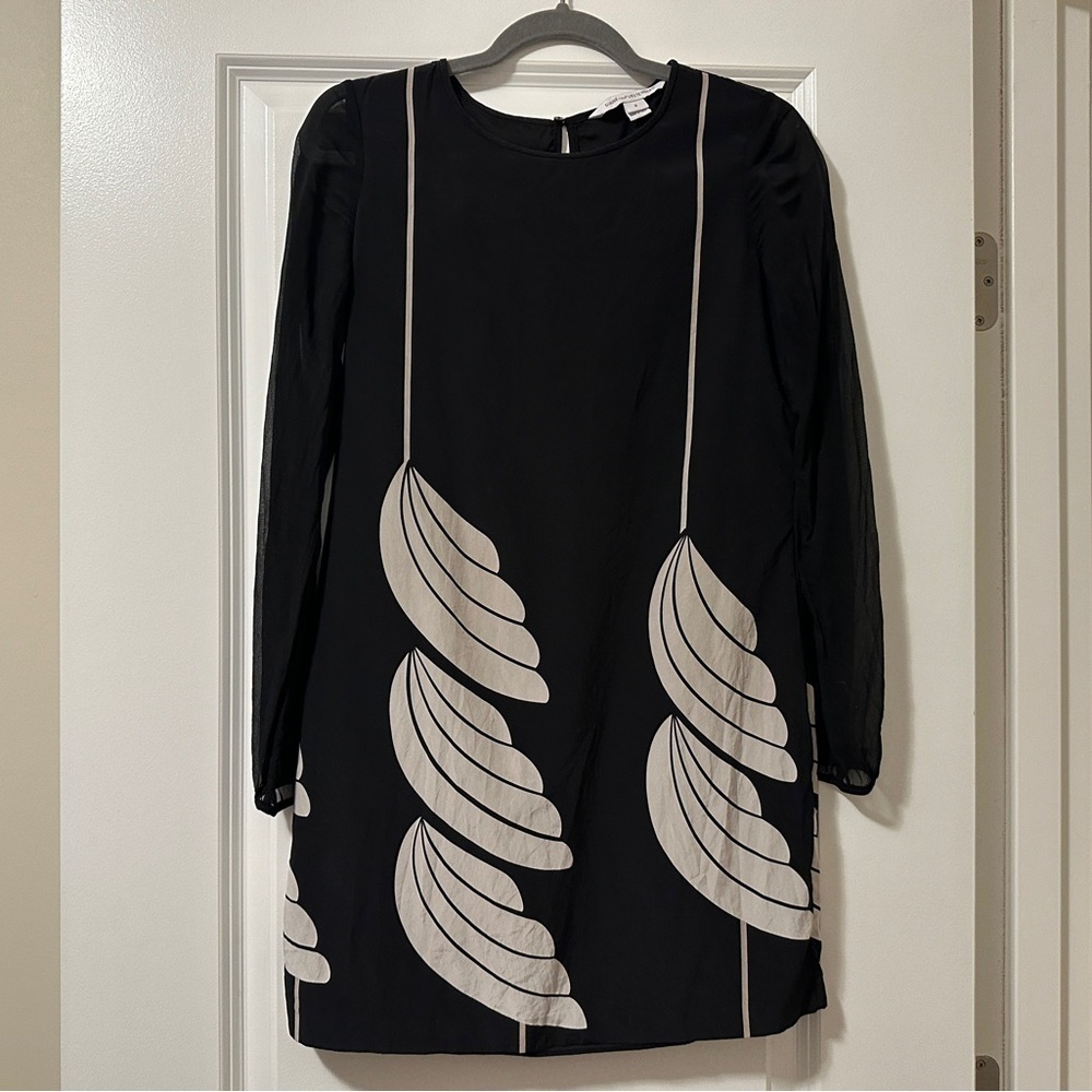 Diane von furstenberg asymmetrical, long sleeve sheer silk lined dress| size 0